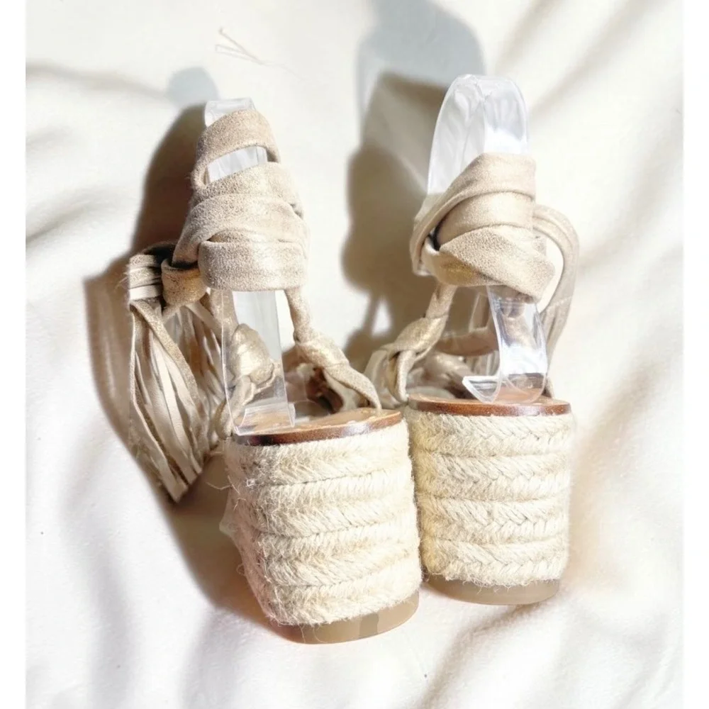 Sigerson Morrison Cosie Gold Metallic Suede Platform Espadrille Sandals 7 NWOB